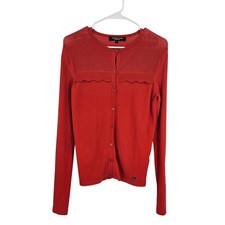 Shanghai Tang Cardigan Sweater Red Scalloped Trim Button Down Long Sleeve Size S