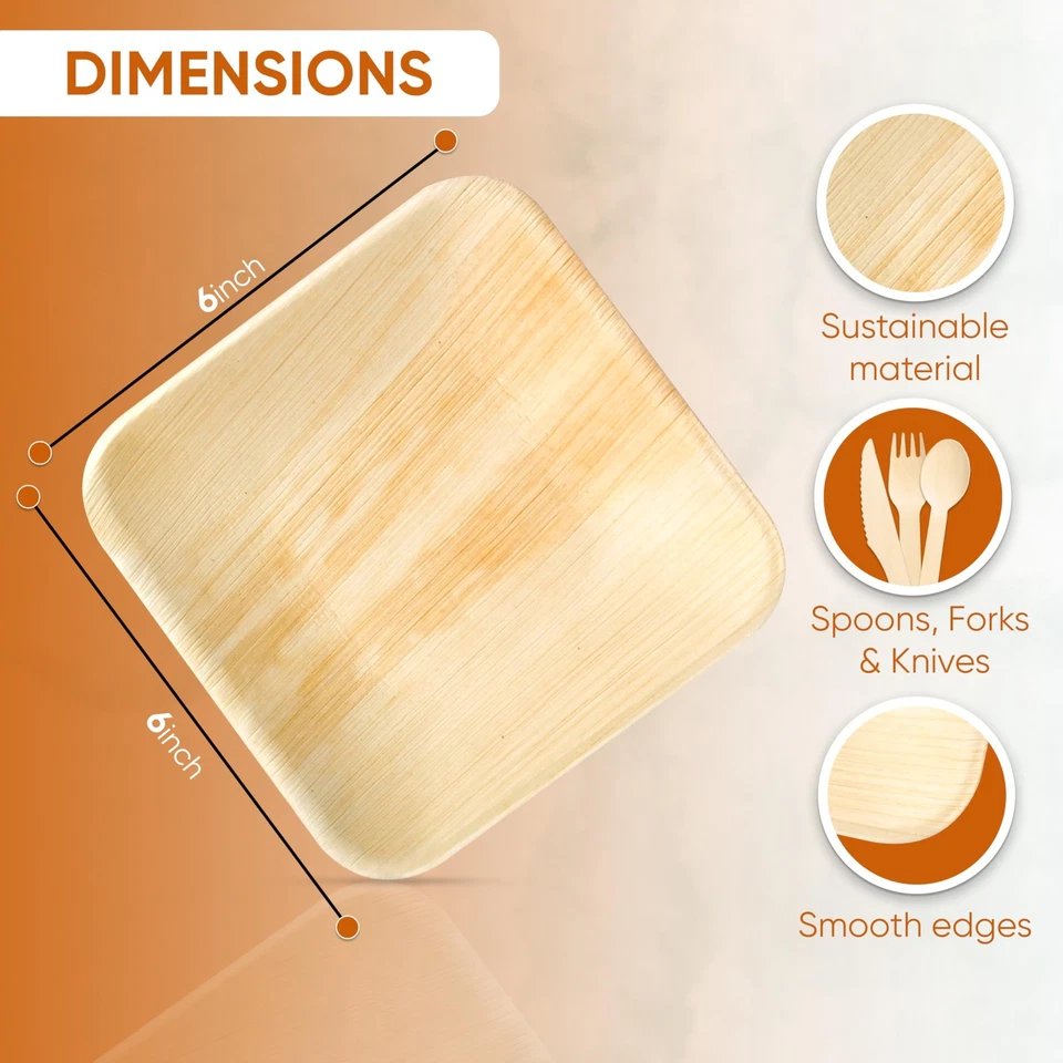 Square Plates with Wooden Utensils, 6 Inch, Palm Leaf, 100 Count. Includes 10... - Image 2 of 4