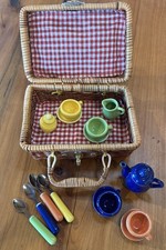 Complete 17 Pc Mini Ceramic Doll Tea Set Wicker Picnic Basket Colorful No Chips