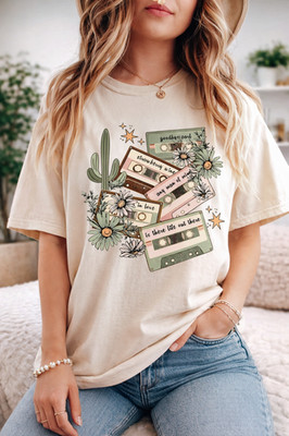 Retro Music Floral Graphic Tee, Aesthetic 90s Mix Tape Shirt, Cactus Daisy