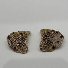 VTG MUSI Shoe Clips Gold Tone Lattice Mesh w/Multi Rhinestones Signed SPAT 46460