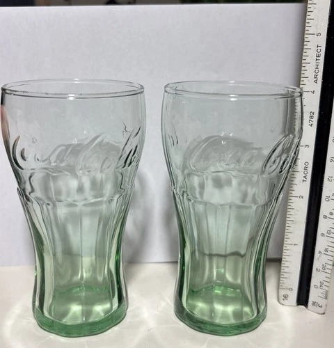 Vintage LIBBEY COKE Coca-Cola Juice Glasses Mini Small Green 6 oz. Set of 2 4.5"