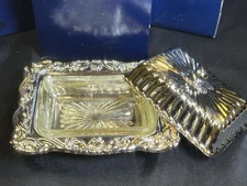 NOS Vintage Silver Plate Butter Dish Ornate with Glass Insert 4.75” Unique Size