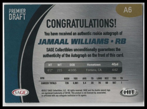 2017 SAGE HIT #A6 Jamaal Williams Autographs - Picture 2 of 2