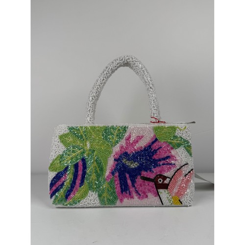 Borsa a mano piccola Colleen Lopez con perline ricamate colibrì floreale nuova con etichette vintage
