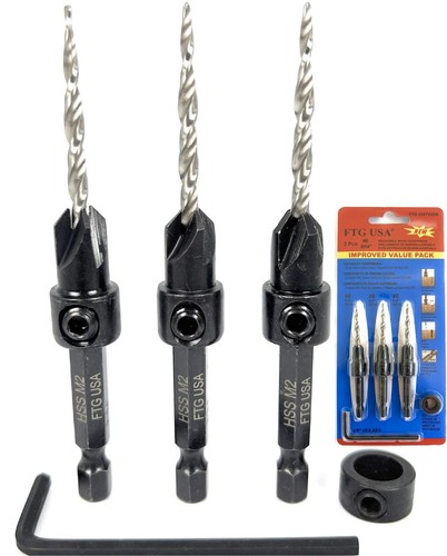 Countersink Drill Bit Set for Wood with Tapered Drill Bit 3 Pc #6 (9/64") - Picture 1 of 9