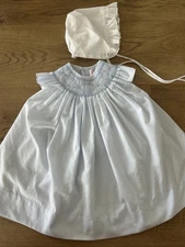 Petit Ami Blue Smocked Day Gown Bishop Dress, Baby Girl 9 Mos Smocked W Bonnet