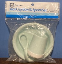 VINTAGE Gerber Baby Juice Cup, Bowl  Spoon Set - Teal 80s Self Feeding Kit NOS