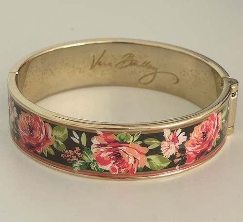 Vera Bradley Enamel English Rose Floral Hinged Gold Tone Bangle Bracelet Pink