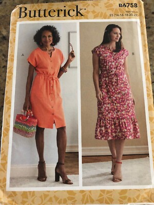  BUTTERICK #B6758 - LADIES TWO STYLE DRAWSTRING WAIST DRESS PATTERN 14-22 FF