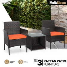 3PCS Patio Bistro Rattan Furniture Set Chair+Glass Coffee Table Conversation Set