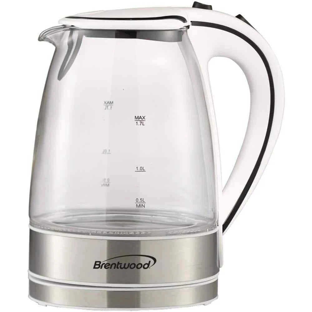 Brentwood Electric Kettle 7-Cup White Cordless Tempered Glass Fast Boil Modern