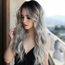 Ombre Silver Long Gray Wig Middle Part Wavy Cosplay Wig Synthetic for Women