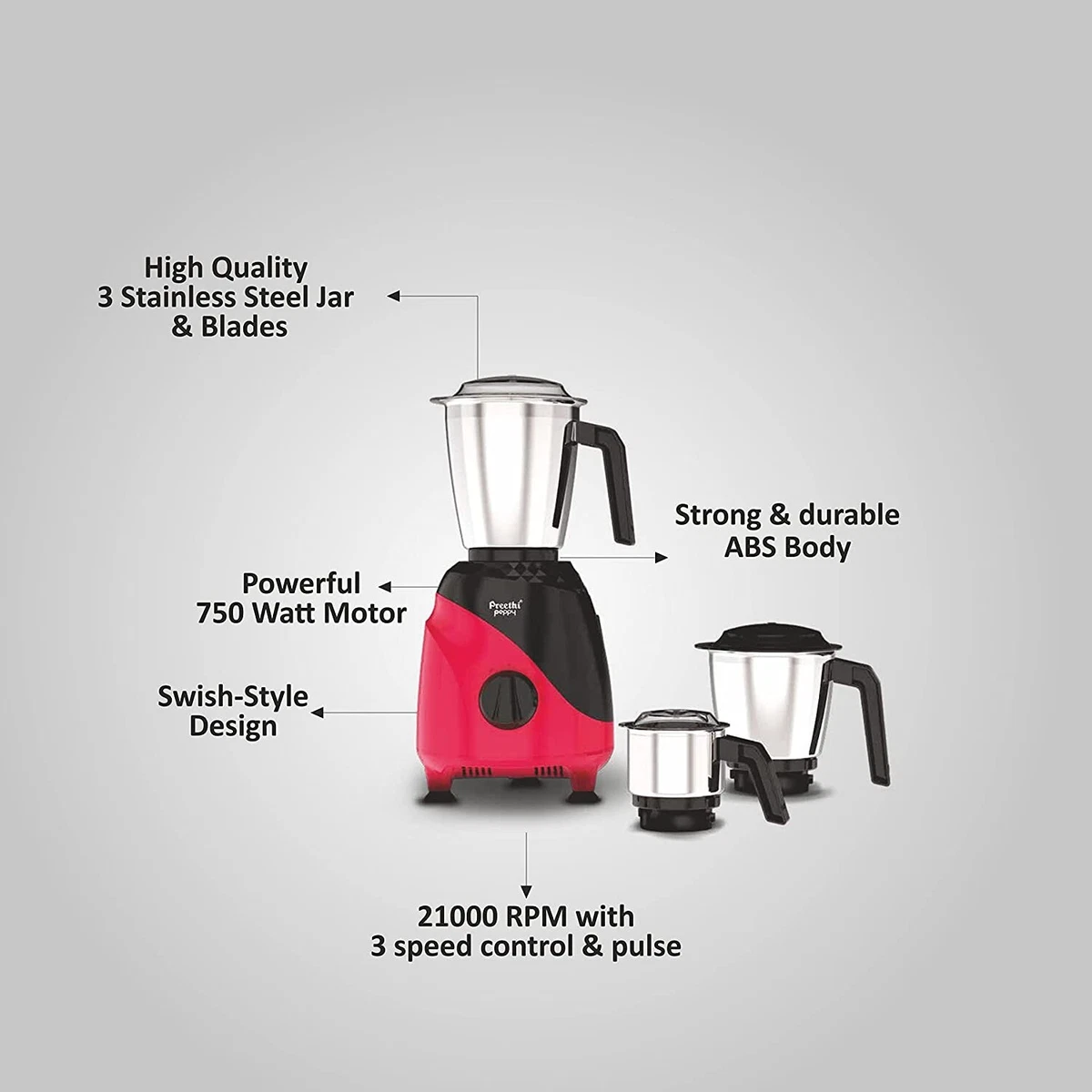 Preethi Peppy MG 245 750 watt Mixer Grinder 3 Jar Red Free