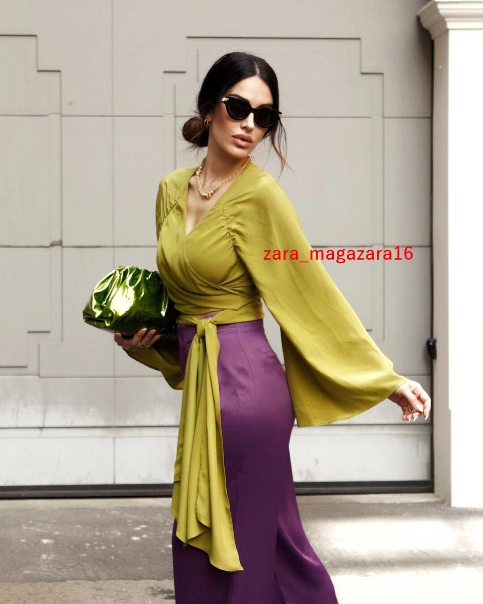 ZARA SATIN SHIRT WITH BOW OLIVE GREEN KIMONO SLEEVES SIZE L REF