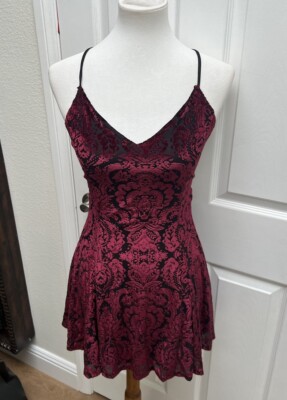 Lucy In The Sky Mini Dress Size M Tie Dress Women s Black Maroon Velvet A Line