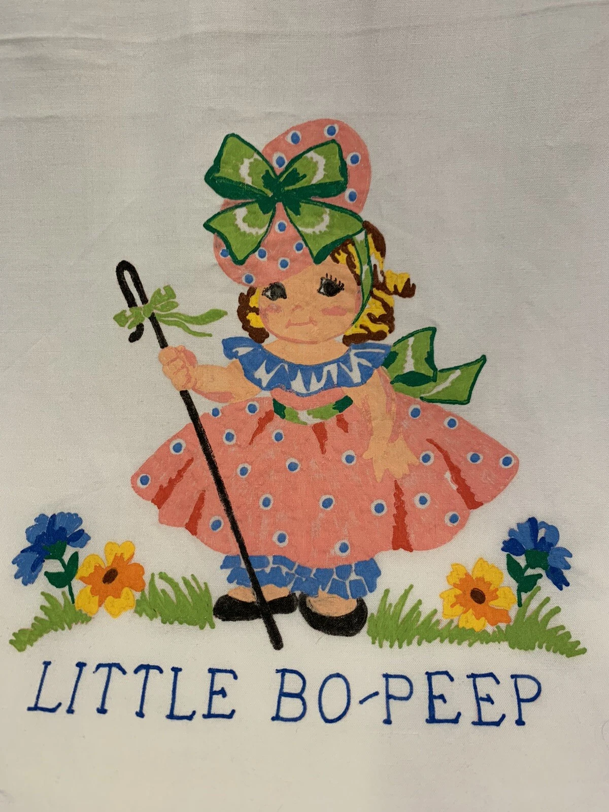 1967 Hand-Painted Nursery Swaddle Little Bo-Peep Mother Goose 34x45 Vintage Rare