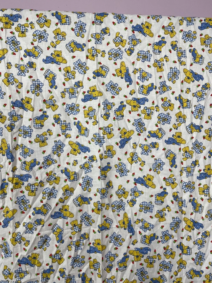 Vintage 70s 80s Fabric Teddy Bears Blue Yellow Gingham  2 Yards Material BN9 - Image 3 of 4