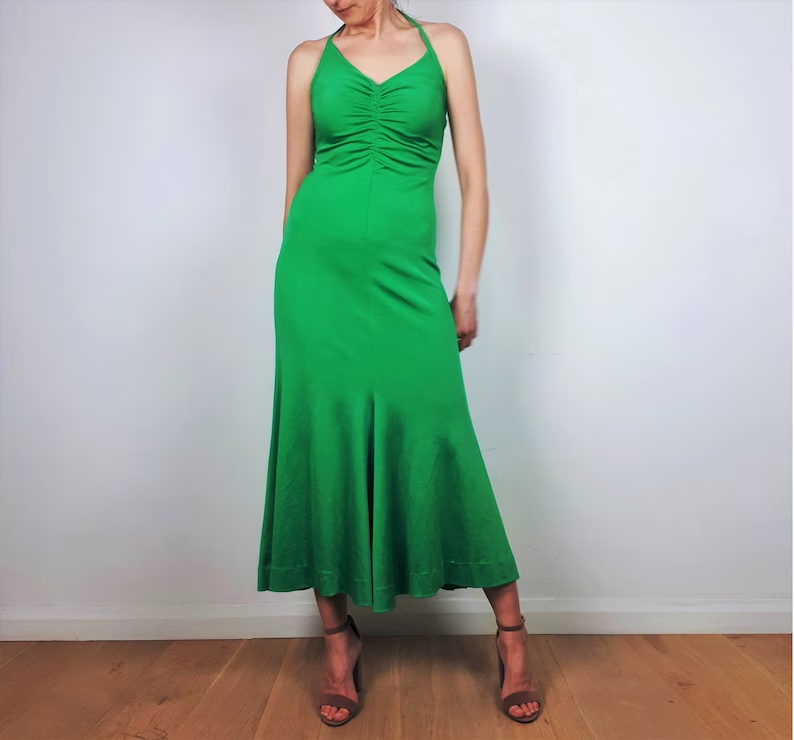 vintage 70s Studio 54 Jade Green Maxi Halter neck stretch jersey dress |  eBay