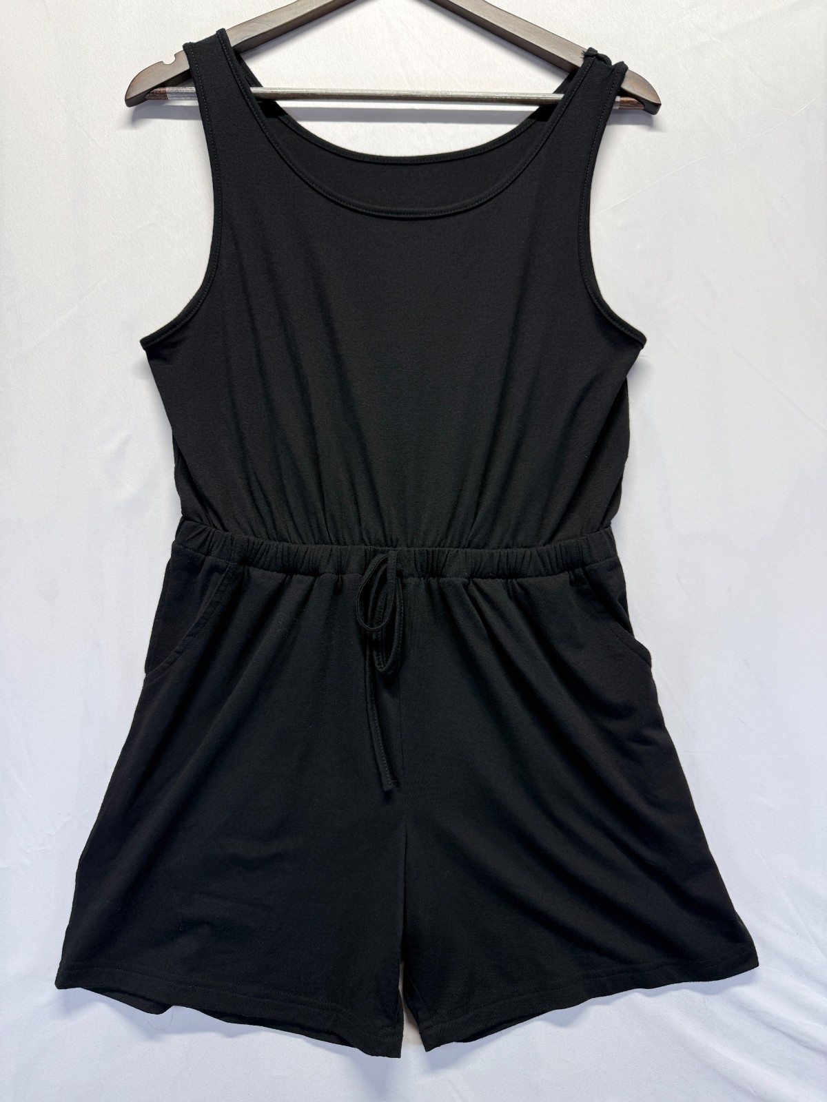 Womens Romper Large Black Elastic Drawstring Waist Scoop Neck One Piece Casual-image