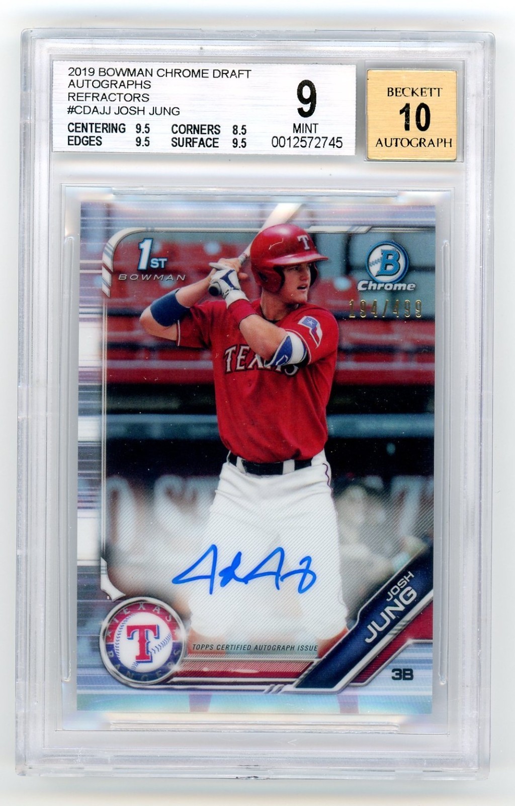 2019 Bowman Draft Josh Jung Chrome Auto Refractor 1st #/499 Rangers BGS 9 10