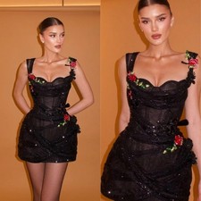 Black Beaded Flowers Prom Dresses Spaghetti Strap Short Skirt vest