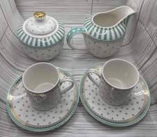 Grace Teaware Aqua Josephine Stripes & Dots Fine Porcelain 7 piece Tea/espresso