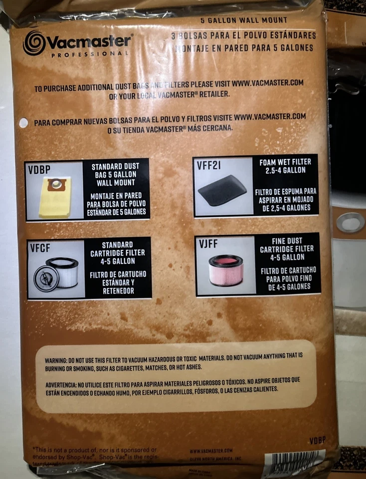 Bolsa antipolvo estándar Vacmaster VDBP 5 galones para VQ407S y VWM510 (caja de 18 bolsas) Foto 4 de 4