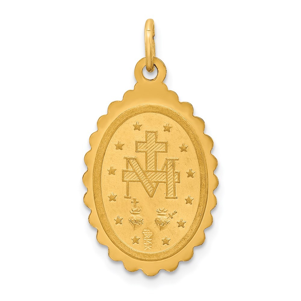 14k Yellow Gold Solid Polished Satin Medium Oval Scalloped Miraculous Medal