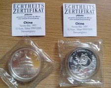 10 Yuan Panda Stgl 1 Oz Silber M&uuml;nze China 1991, Zertifikat, original Folie, top