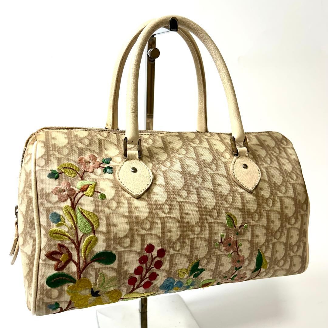 Christian Dior Trotter Flower Embroidered Boston Bag Beige Canvas Y2K Authentic