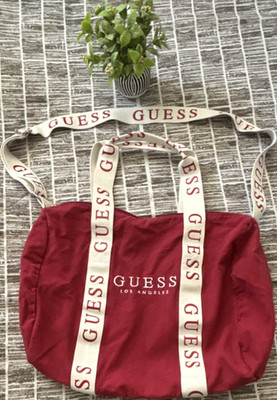 GUESS Red Logo Tote Zip Top Detachable Strap Silver Hardware Lined Medium