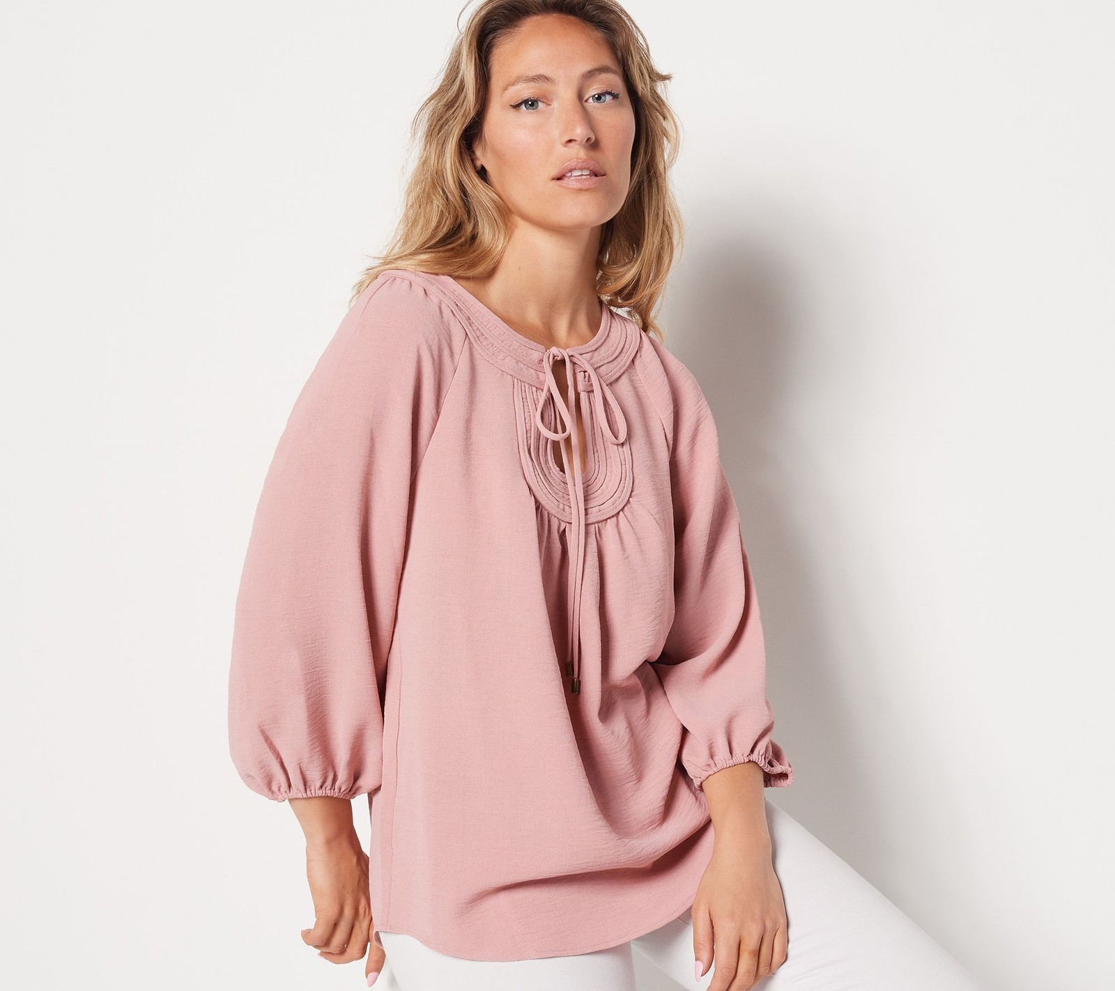 Dennis Basso Womens Pink Textured Woven Tunic with Neck Tie Sz XS