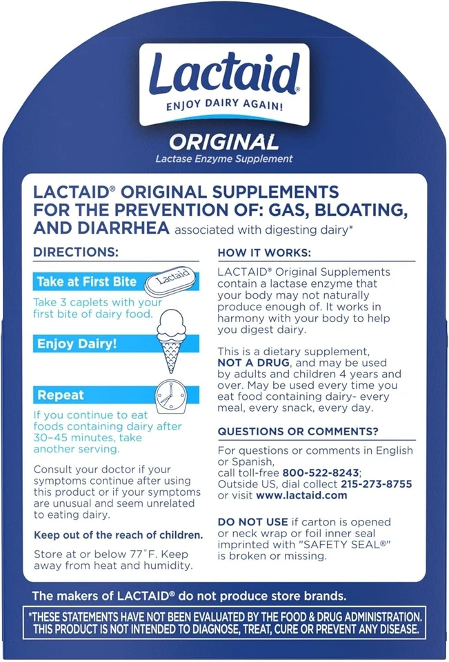 Lactaid Original Lactase Enzyme Supplement for Lactose Intolerance, 120 Caplets - Image 2 of 4