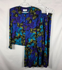 Vintage Norton McNaughton Skirt Suit Women's Size 12 Vivid Purple Blue Floral