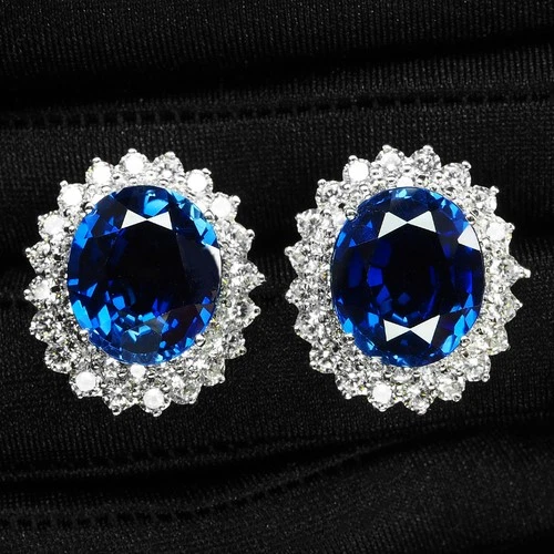 Gorgeous Vivid Blue Sapphire 18Ct 925 Sterling Silver White Gold Halo Earrings