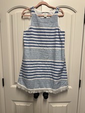 Vineyard Vines Blue/White Striped Sleeveless Dress Fringe Bottom Sz 10 Boho Chic