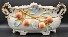 Antique Austrian Handled Planter 3D Hand Painted Peaches Iridescent Body