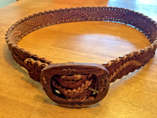 MEXICO Leather Belt Men  s Brown 42  Hand-Tooled Carved Wooden Buckle 1.5  wide