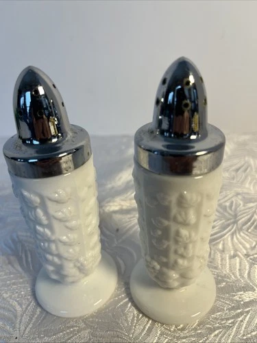 VTG Milk Glass Salt & Pepper Shakers~Embossed Grapes & Leaves~Pedestal Base