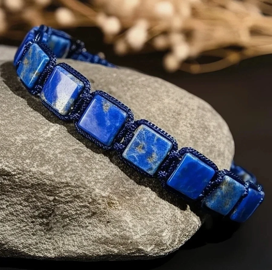 Pulsera de lapislázuli de ónix negro para hombre cuentas cuadradas protección piedra azul joyería Foto 3 de 4