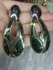 Vintage Edgar Berebi Cloisonné Earrings Green Gold Tone Pierced Jewelry