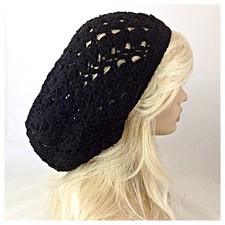 NEW Women's Handmade SLOUCHY Beanie Tam Hat Rasta EXTRA BAGGIE Soft Solid BLACK
