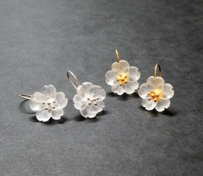 Gold Plated Sterling Silver Carved White Crystal Flower Drop Earrings Beautiful