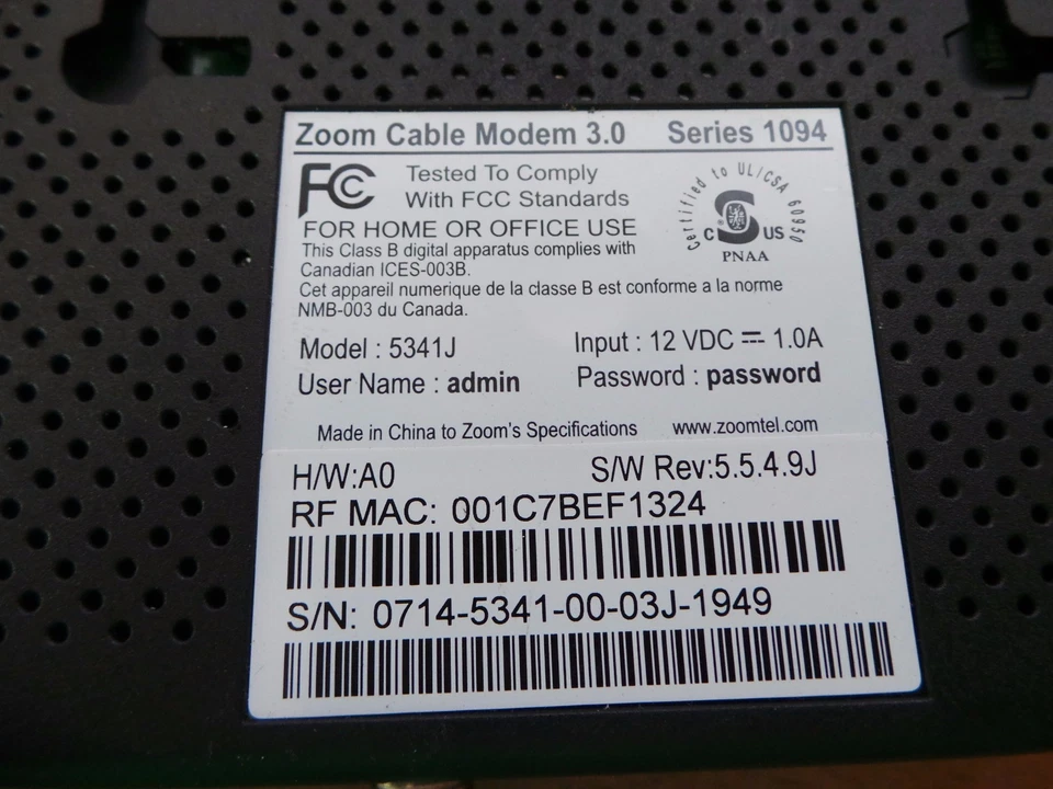 Cable módem zoom DOCSIS 3.0 modelo 5341J serie 1094 Foto 3 de 4