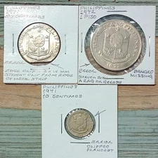 3 1971 PHILIPPINE ERRORS 10 Sent CLIPPED 50 Sent CLIPPED 1 Piso STRUCK THRU!!!
