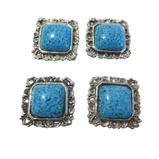 Set of Four Vintage Button Covers Faux Turquoise Blue and Silver Tone Square