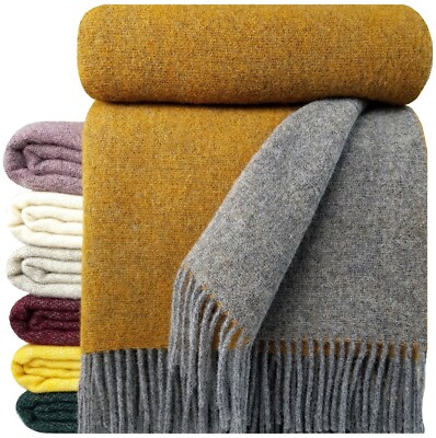 Wolldecke 100% Schurwolle Wohndecke Plaid Decke 140 x 200 cm Grau-Senf (DF)