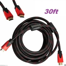 Premium 30ft Feet RED MESH HDMI CABLE 1.4 BLURAY 3D HDTV XBOX LCD HD TV 1080P Us