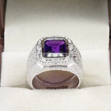 Amethyst Emerald Cut Gemstone With 925 Sterling Silver Ring For Men's #B716